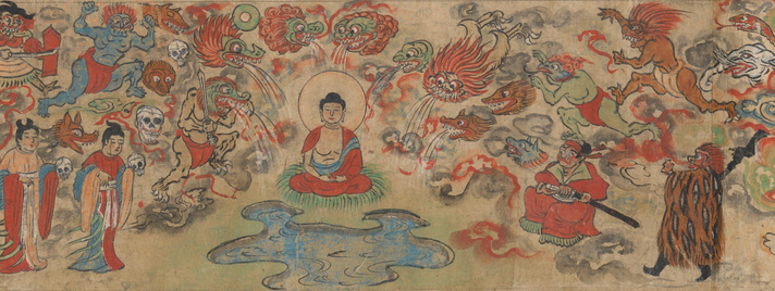Ausschnitt eines Rollenbildes aus dem 13. Jahrhundert, welches die Versuchung von Buddha Shakyamuni durch den Dämonenkönig Mara zeigt.